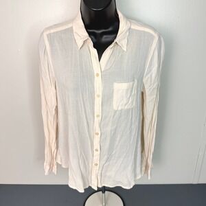 Loft Button Down Womens Medium Petites Cream Long Sleeve Rayon Cotton Blouse